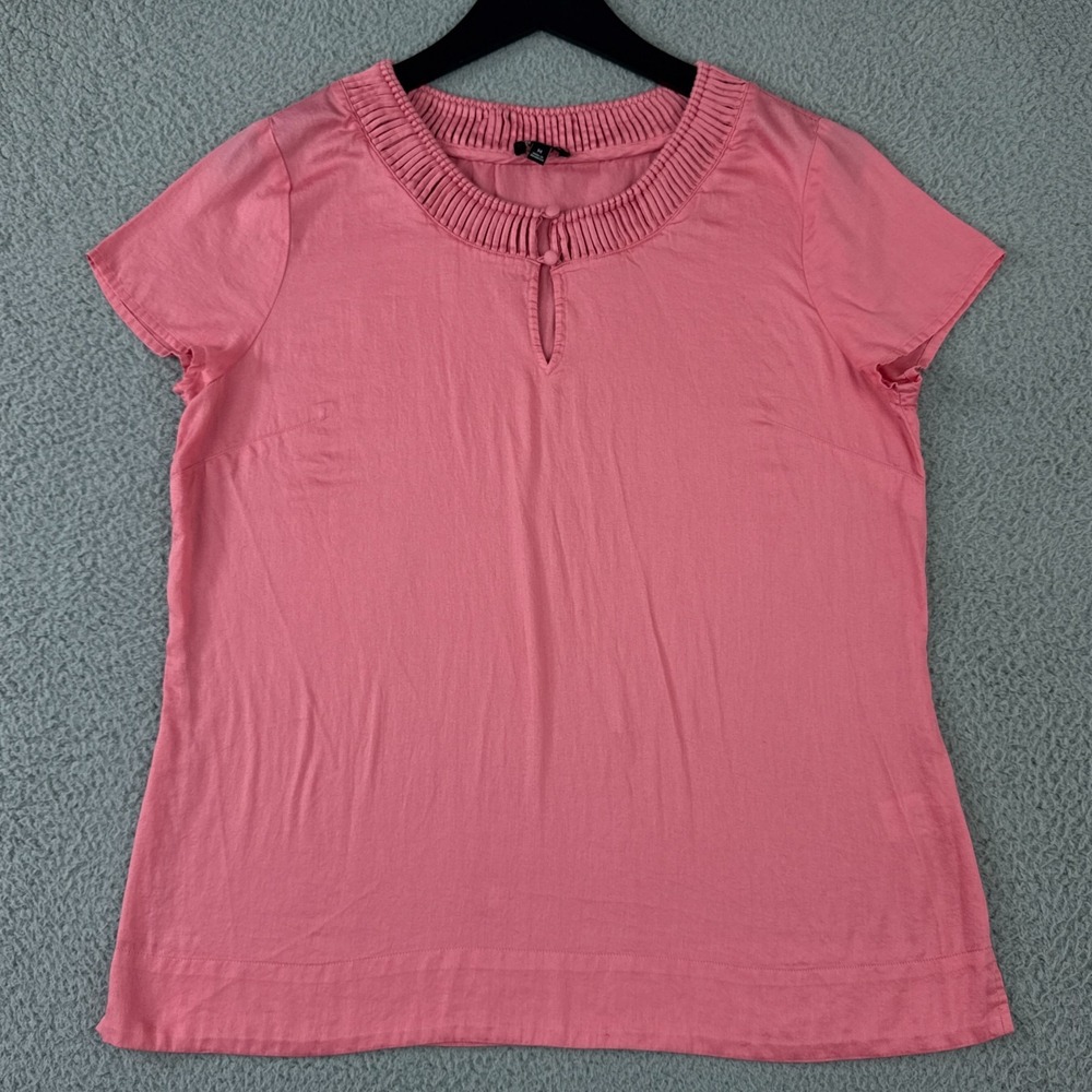 Talbots Shirt Womens Medium Pink Keyhole Button Neck Cap Sleeve Knotted Trim